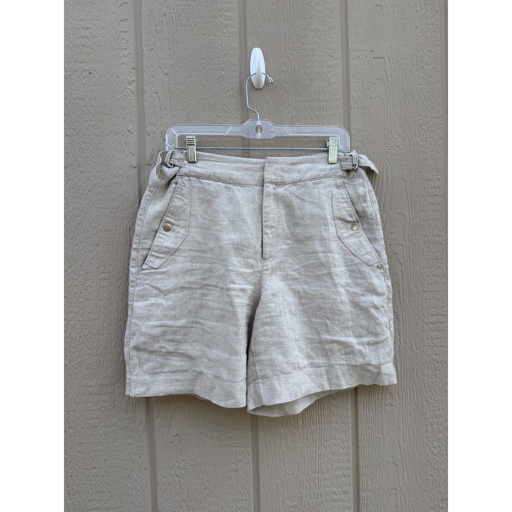 Athleta 10 Linen Shorts Coastal Summer Oatmeal Beige Buckle Detail